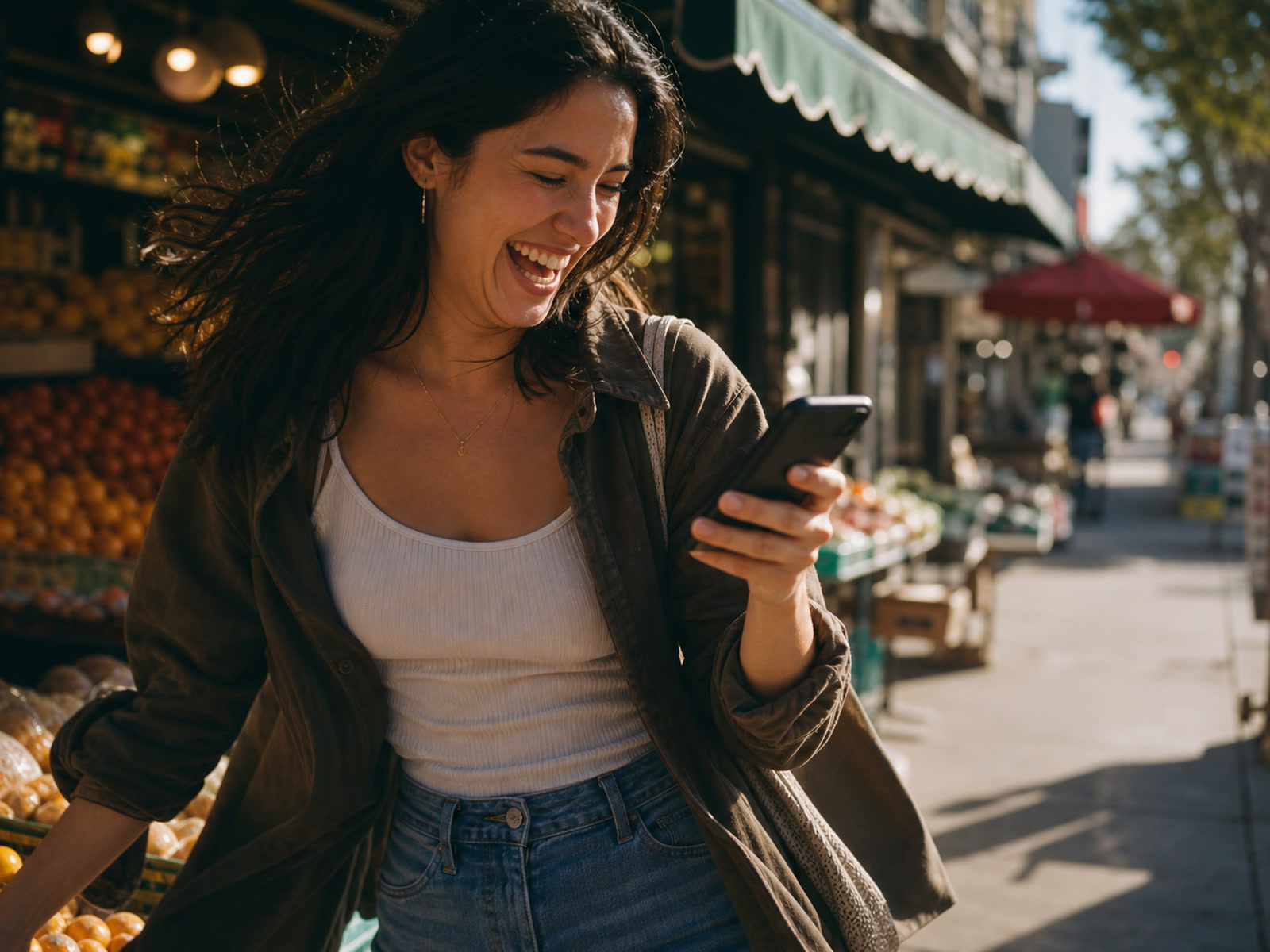 Someone smiling after receiving a message from Glow