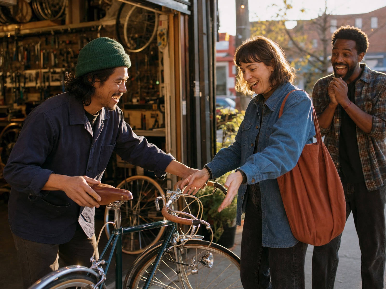 A bicycle mechanic rolling out a restored bike for a delighted customer