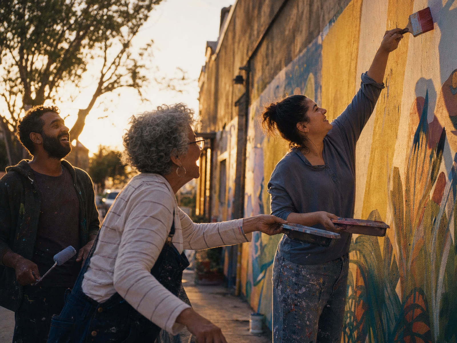 Neighbors painting a colorful community mural together at sunset