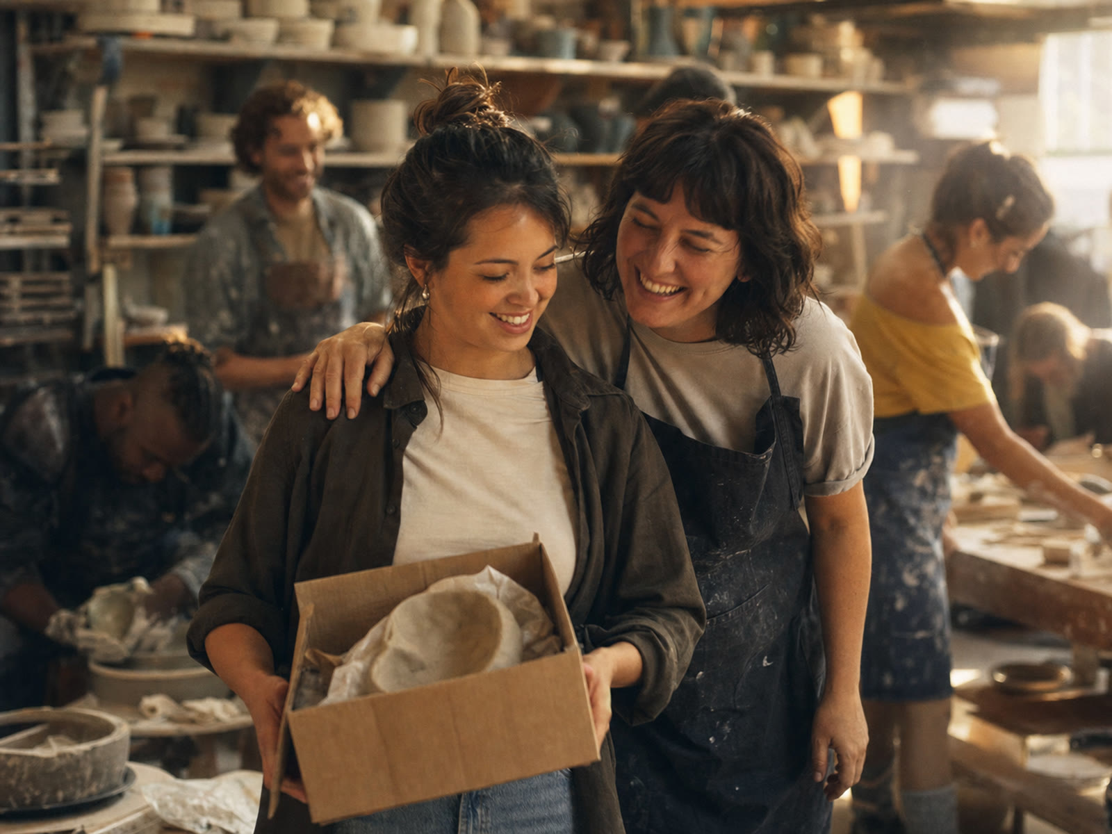 A newcomer receiving a warm welcome in a busy ceramics studio