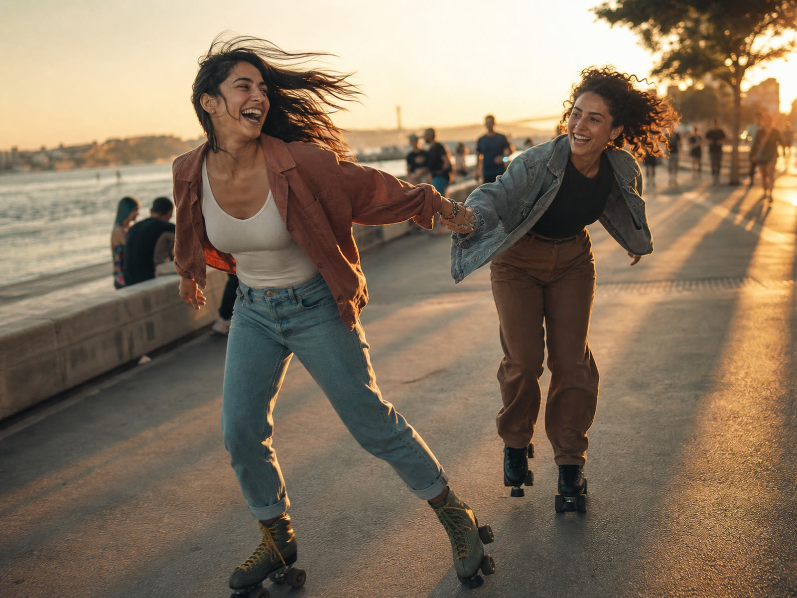 Two friends roller-skating together along a waterfront at sunset