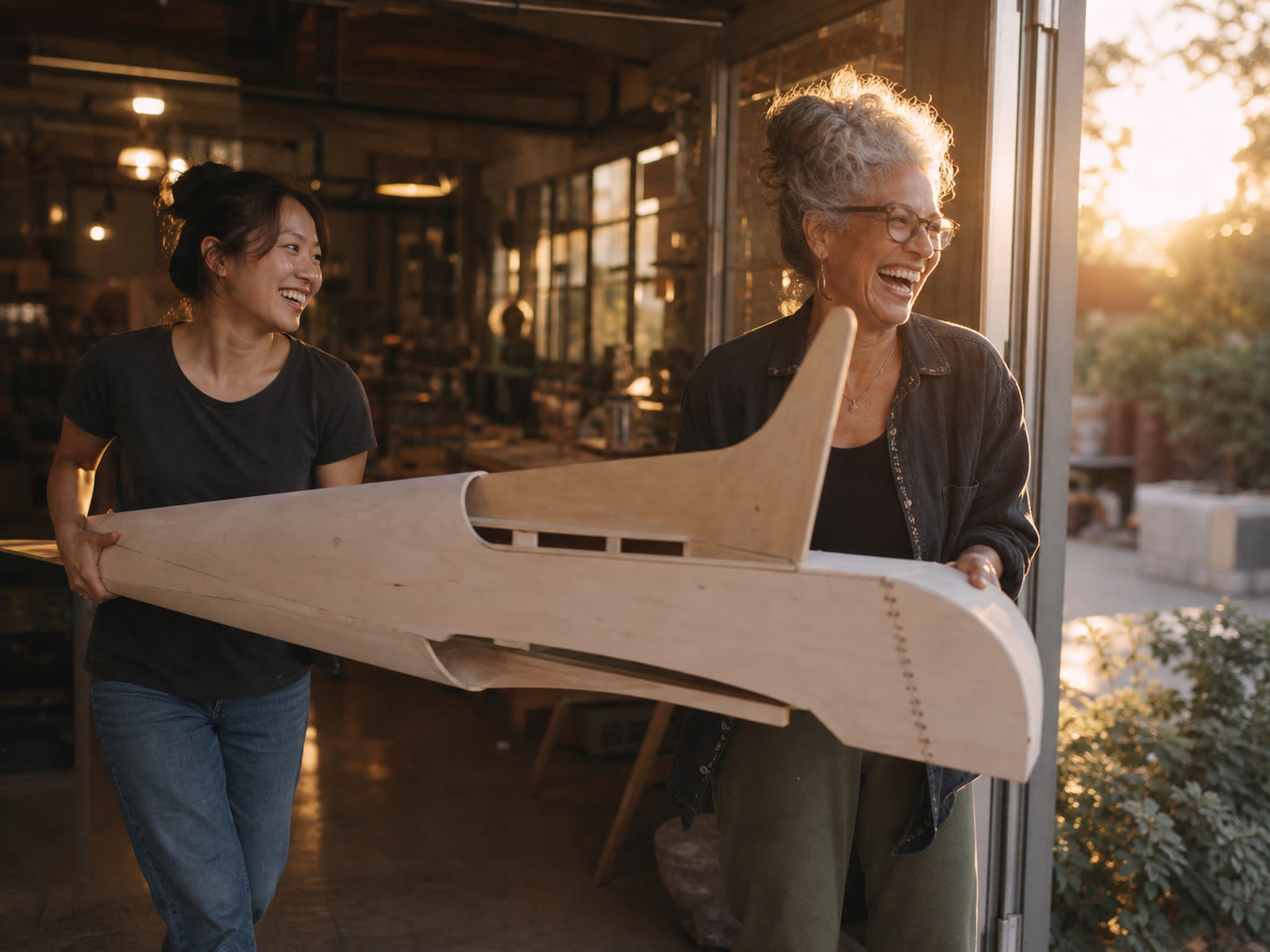 Two makers carrying a large wooden prototype out of their workshop