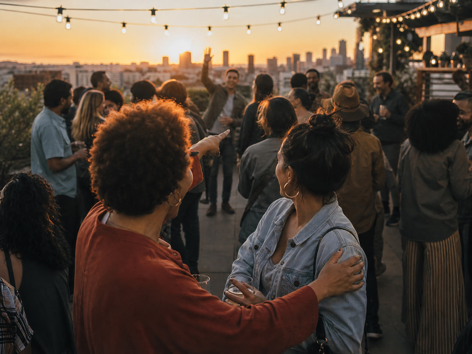 Two hosts spotting the right arriving guest across a lively rooftop gathering