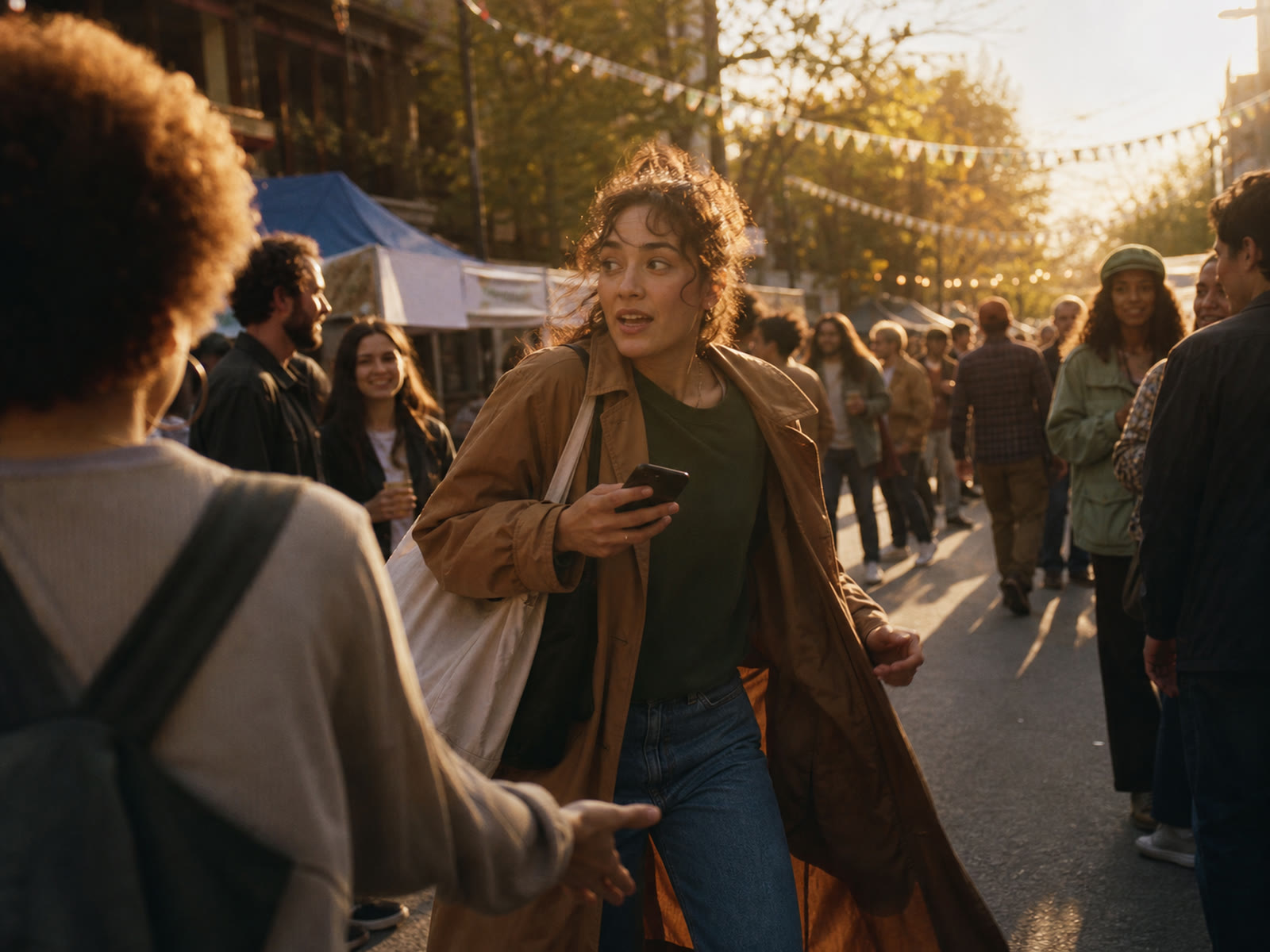 An organizer turning toward a new arrival while moving through a street festival