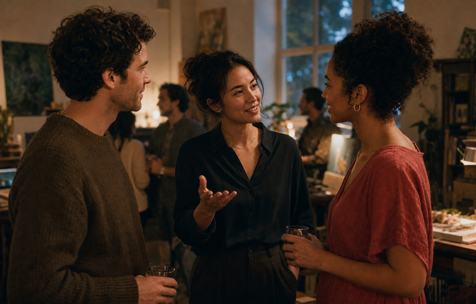 A host making a warm introduction between two well-matched guests at a small gathering