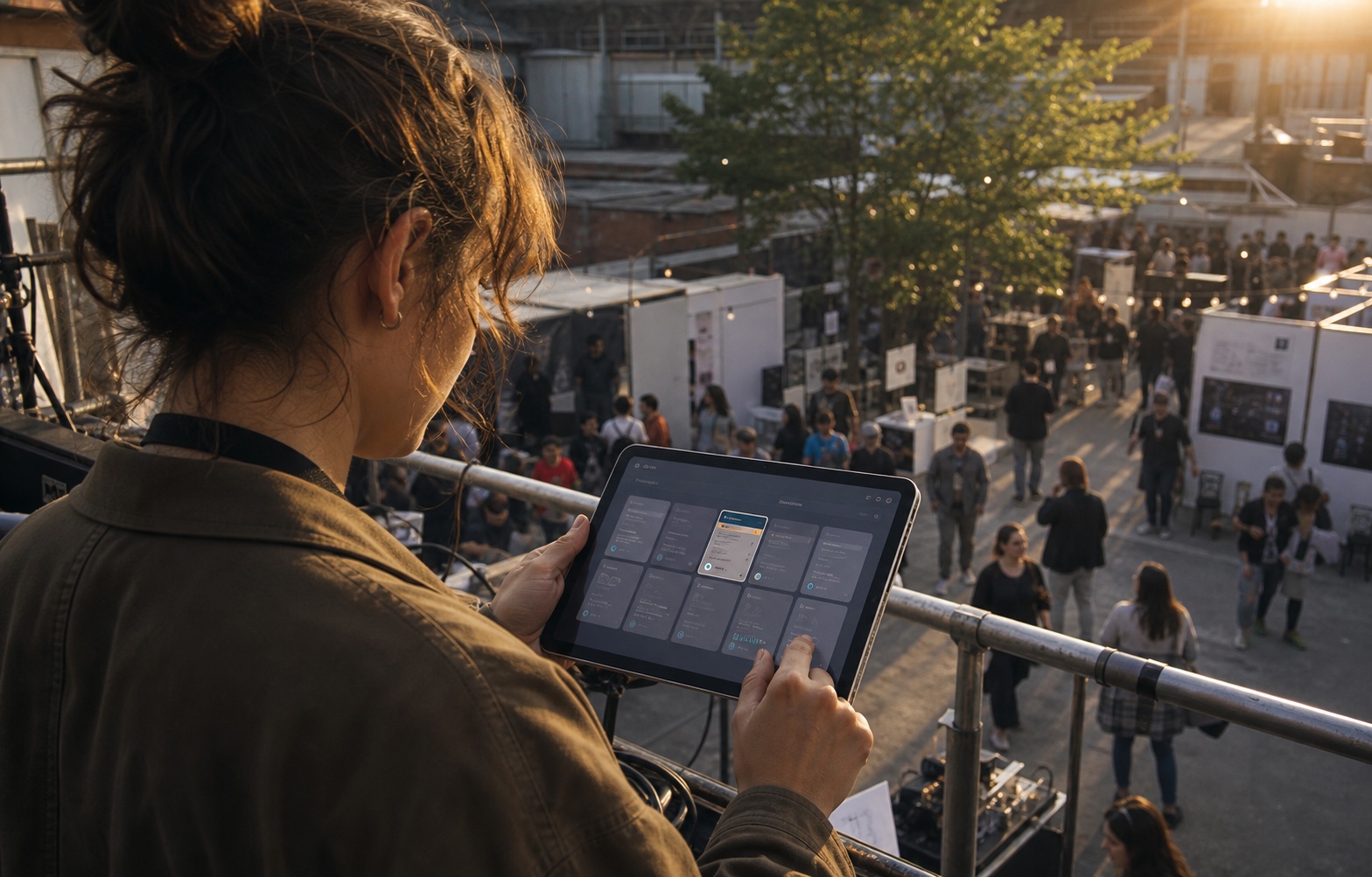 An event operator reviewing possible high-fit opportunities on a tablet above a busy festival